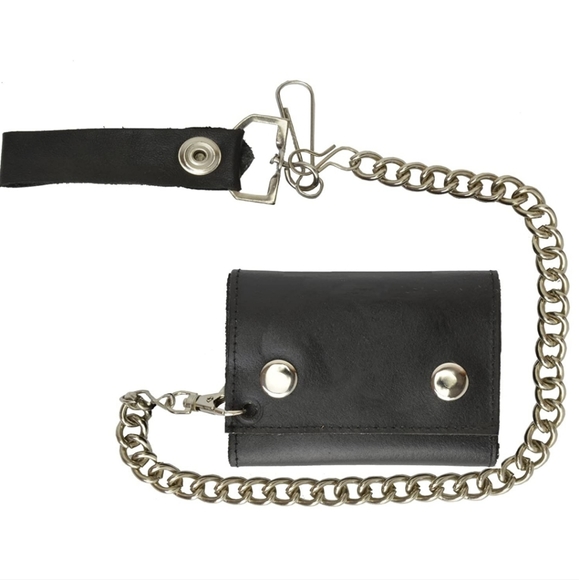 Black LEATHER Trifold Biker's Chain wallet - Picture 3 of 4